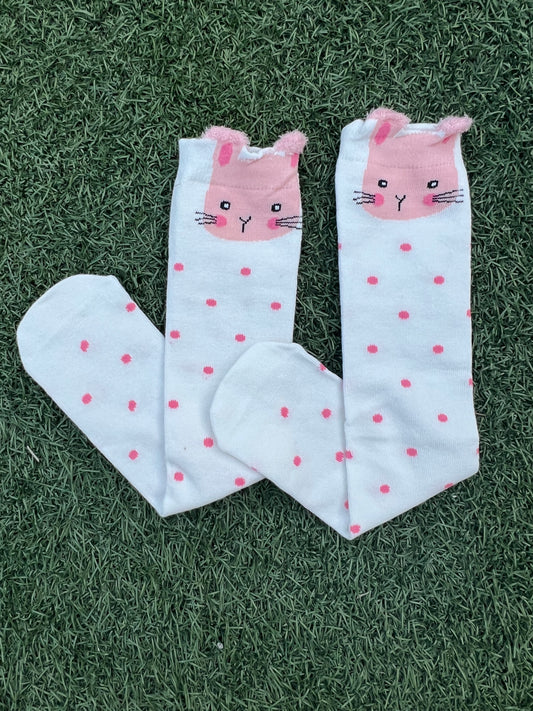 Cute Bunny Knee High Socks - Pink Polka Dots