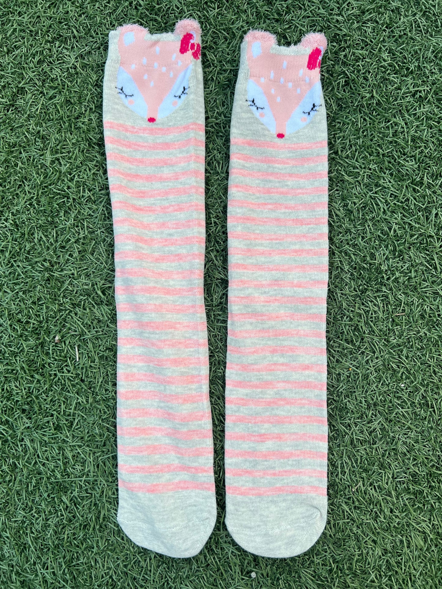 Cute Deer Knee High Socks - Pink Stripes