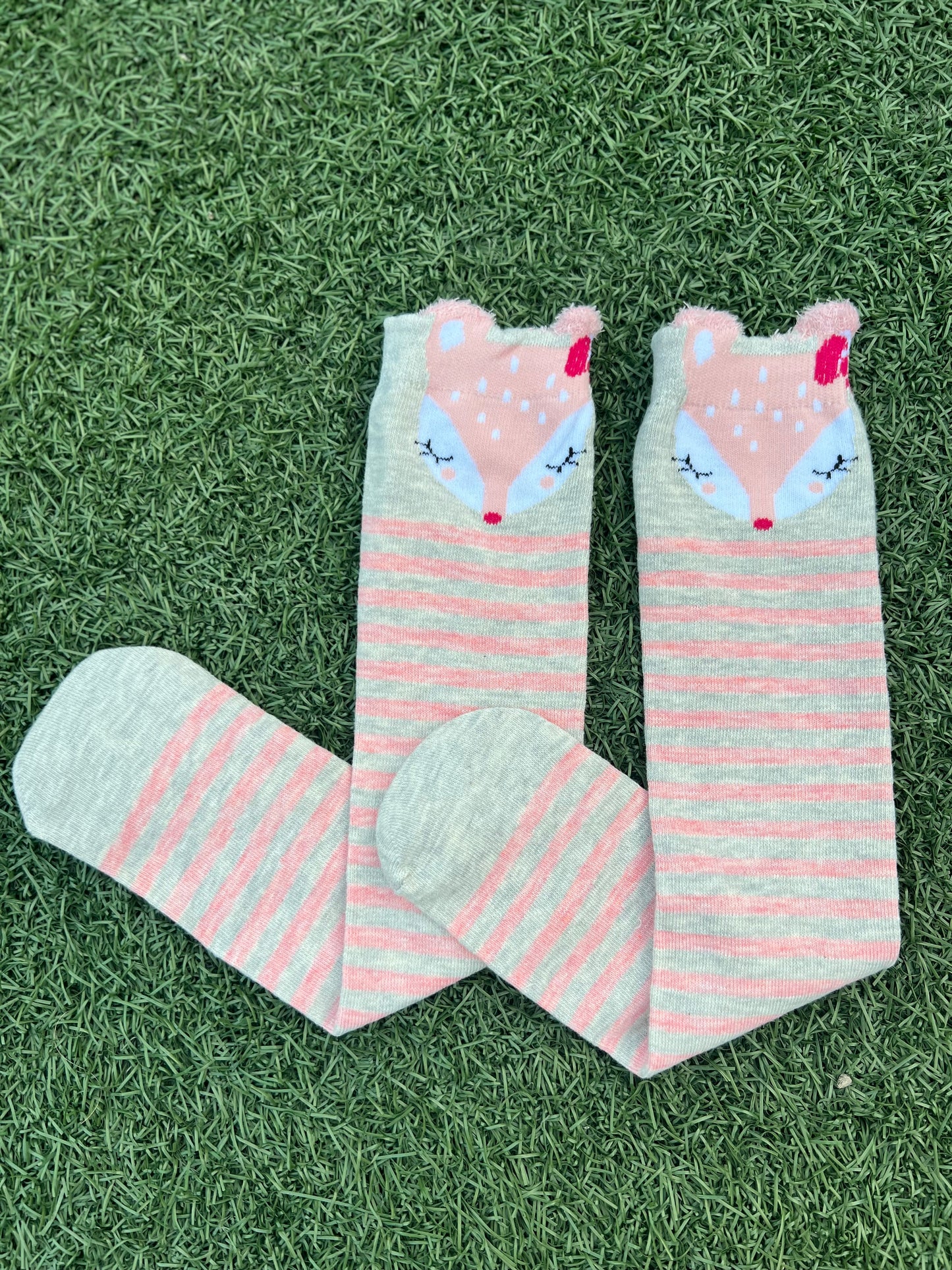 Cute Deer Knee High Socks - Pink Stripes